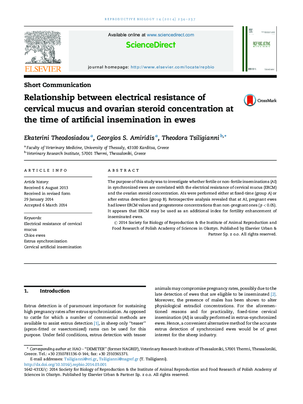 Relationship between electrical resistance of cervical mucus and ovarian steroid concentration at the time of artificial insemination in ewes