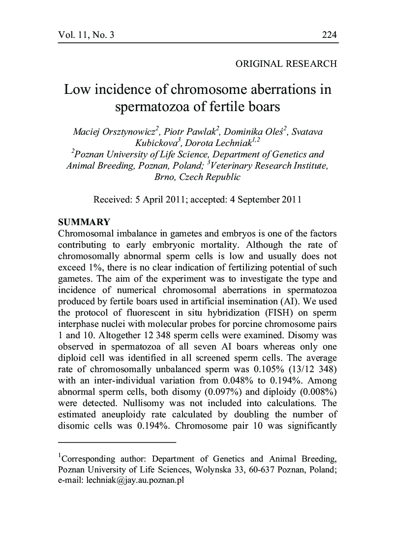 Low incidence of chromosome aberrations in spermatozoa of fertile boars