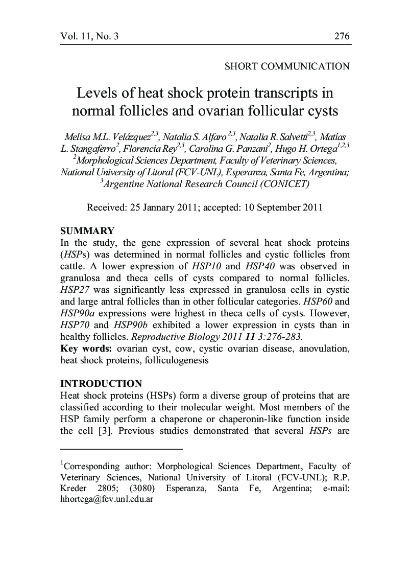 Levels of heat shock protein transcripts in normal follicles and ovarian follicular cysts