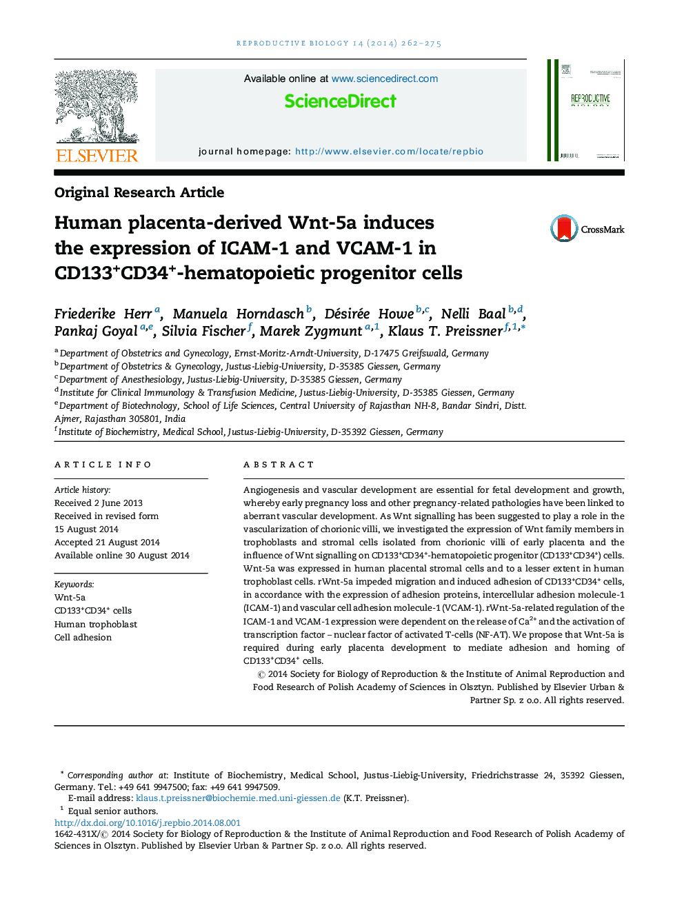 Human placenta-derived Wnt-5a induces the expression of ICAM-1 and VCAM-1 in CD133+CD34+-hematopoietic progenitor cells