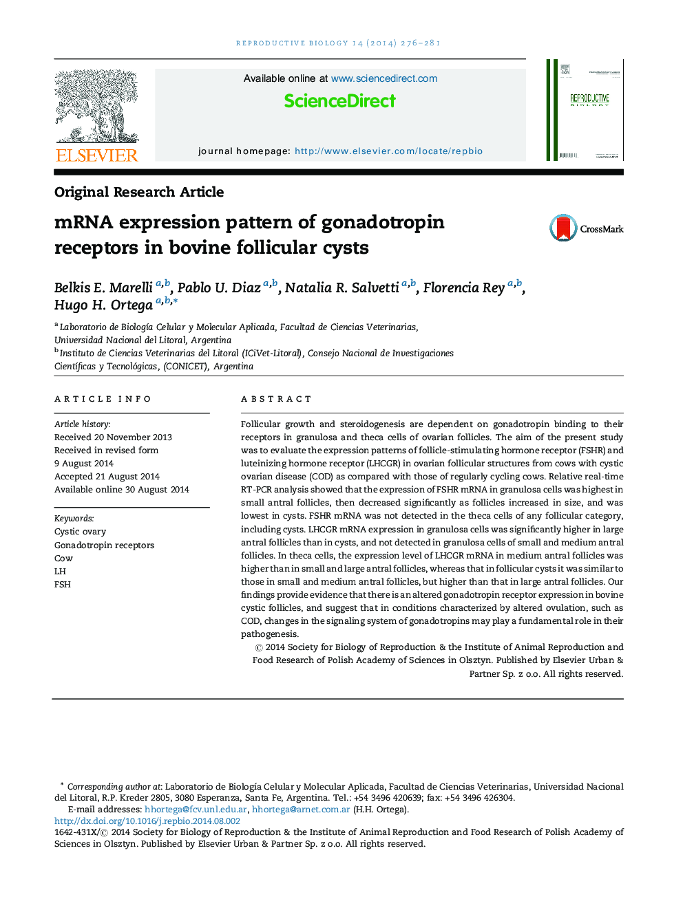 mRNA expression pattern of gonadotropin receptors in bovine follicular cysts