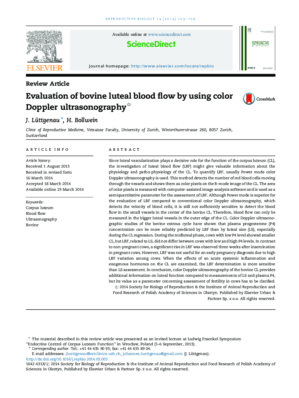 بررسی جریان خون لووتیال گاوی با استفاده از سونوگرافی داپلر رنگی 
