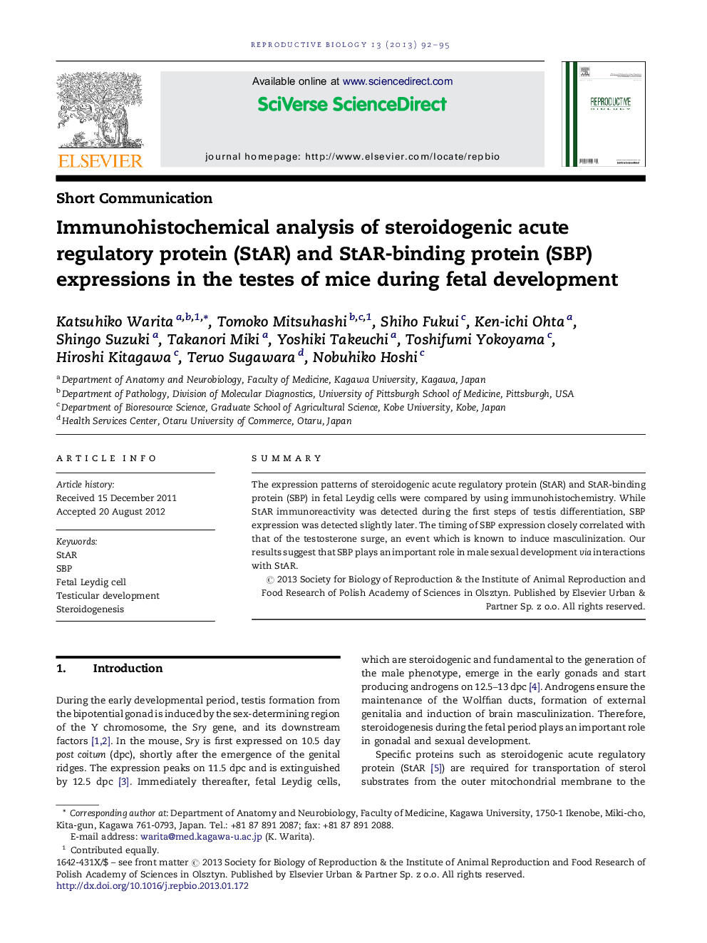 Immunohistochemical analysis of steroidogenic acute regulatory protein (StAR) and StAR-binding protein (SBP) expressions in the testes of mice during fetal development