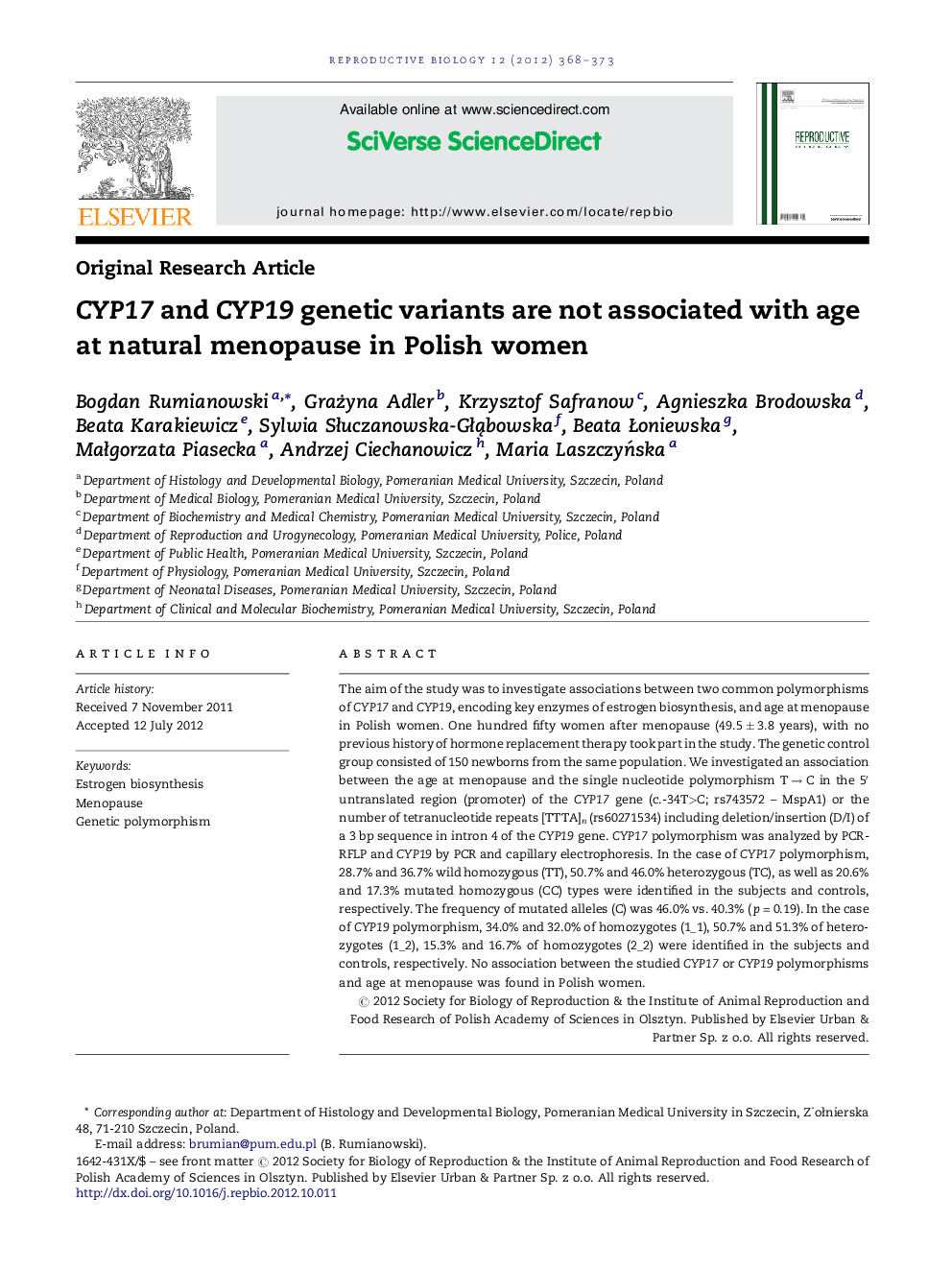 CYP17 and CYP19 genetic variants are not associated with age at natural menopause in Polish women