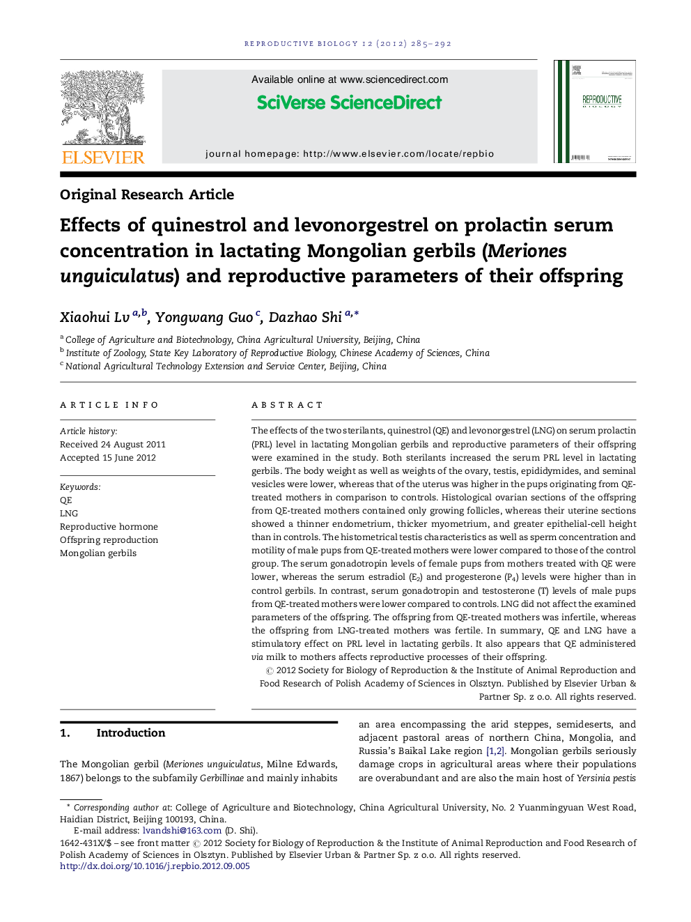 Effects of quinestrol and levonorgestrel on prolactin serum concentration in lactating Mongolian gerbils (Meriones unguiculatus) and reproductive parameters of their offspring