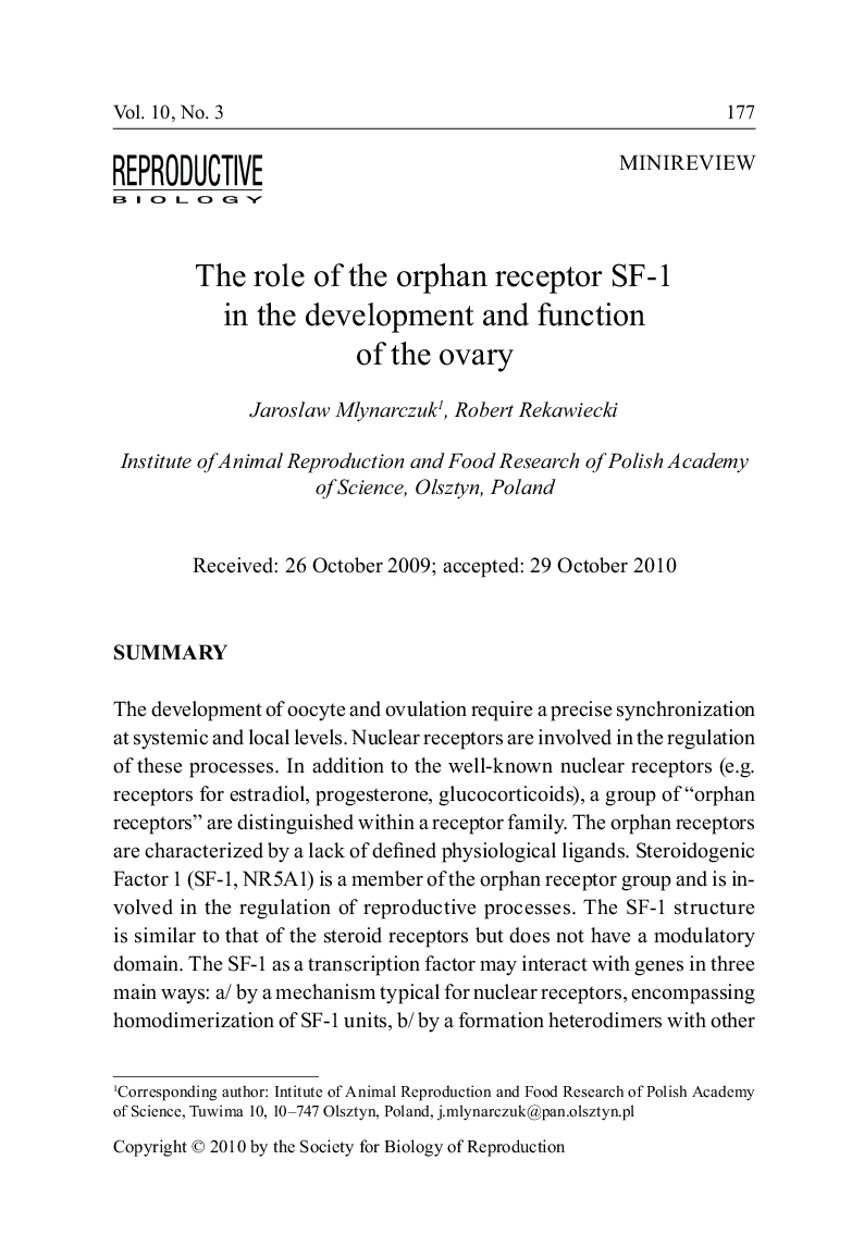 The role of the orphan receptor SF–1 in the development and function of the ovary