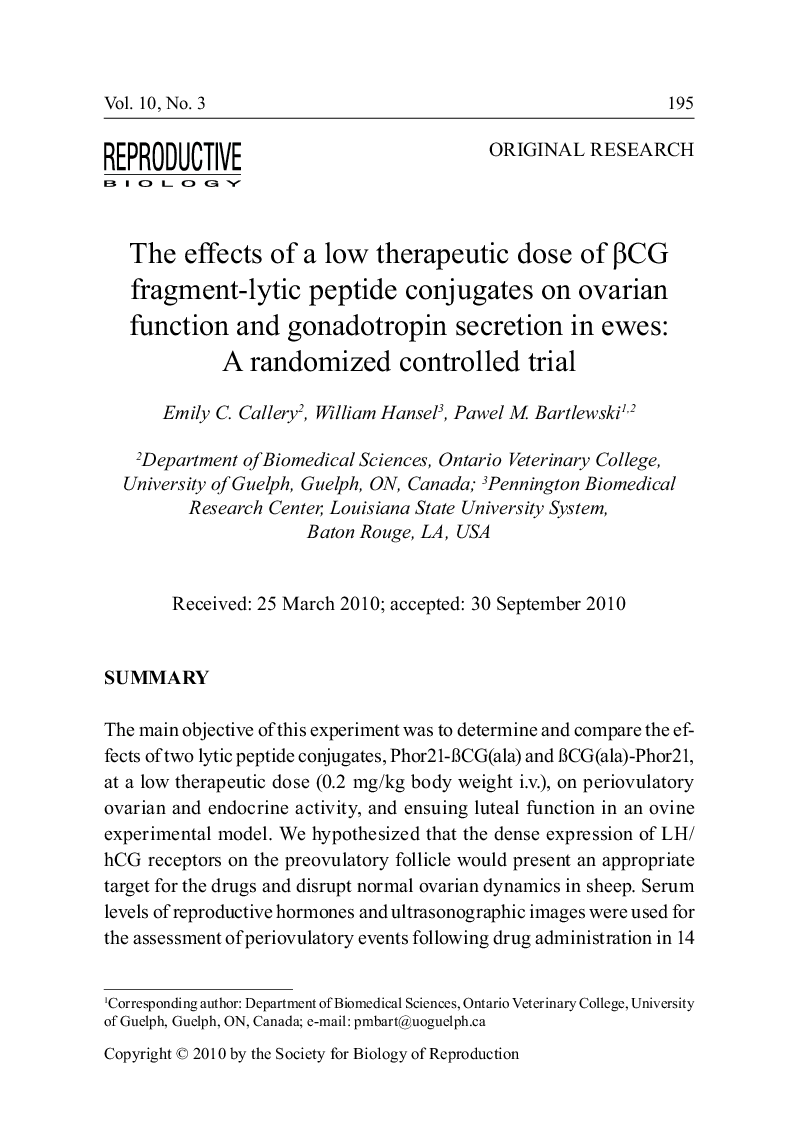 The effects of a low therapeutic dose of βCG fragment–lytic peptide conjugates on ovarian function and gonadotropin secretion in ewes: A randomized controlled trial