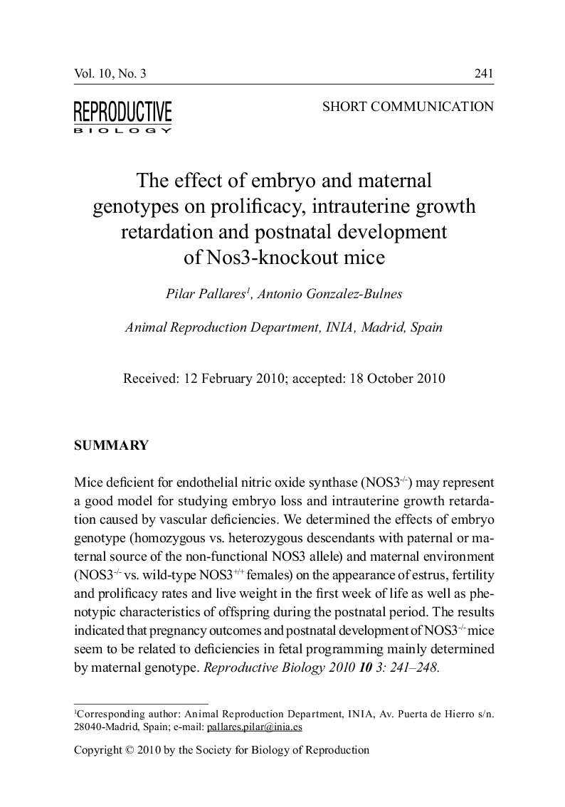 The effect of embryo and maternal genotypes on prolificacy, intrauterine growth retardation and postnatal development of Nos3–knockout mice