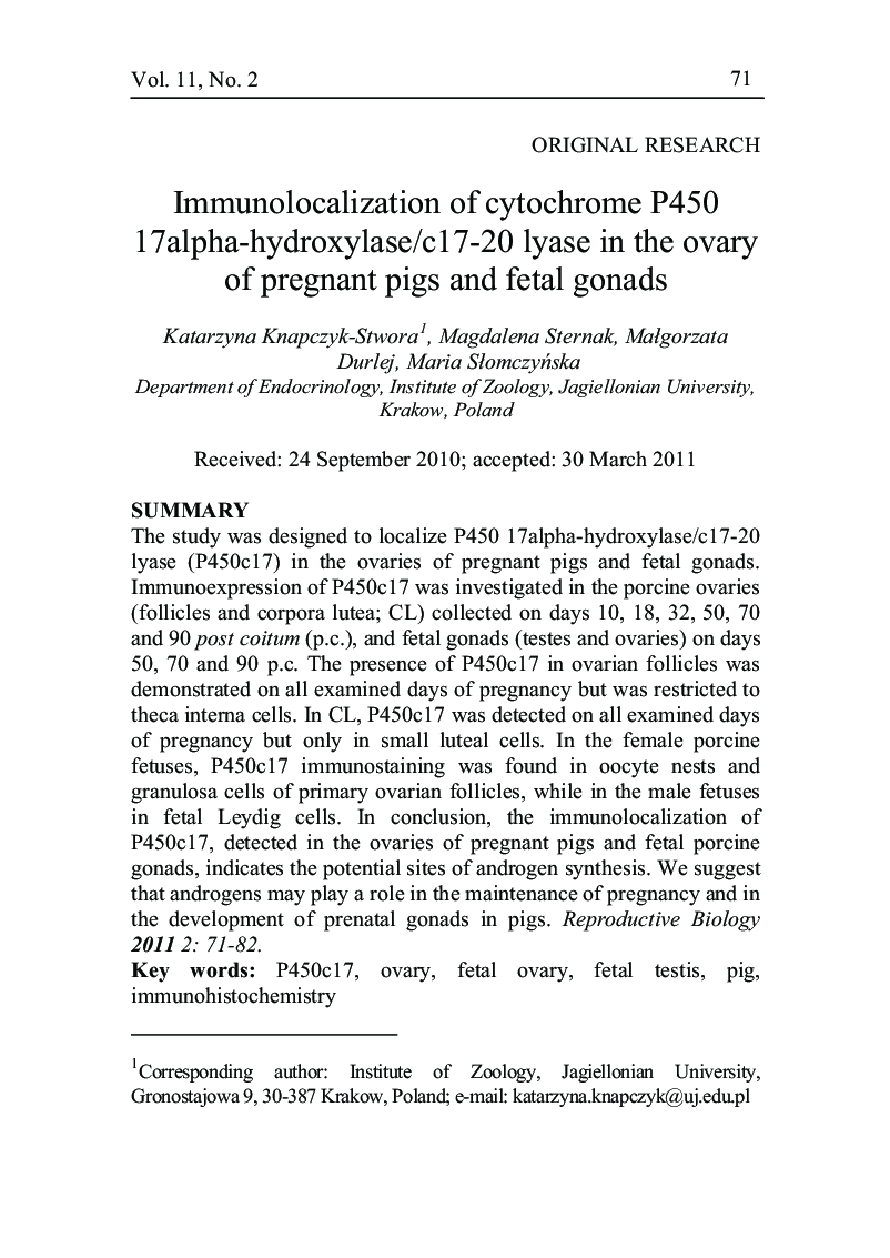 Immunolocalization of cytochrome P450 17alpha-hydroxylase/c17-20 lyase in the ovary of pregnant pigs and fetal gonads