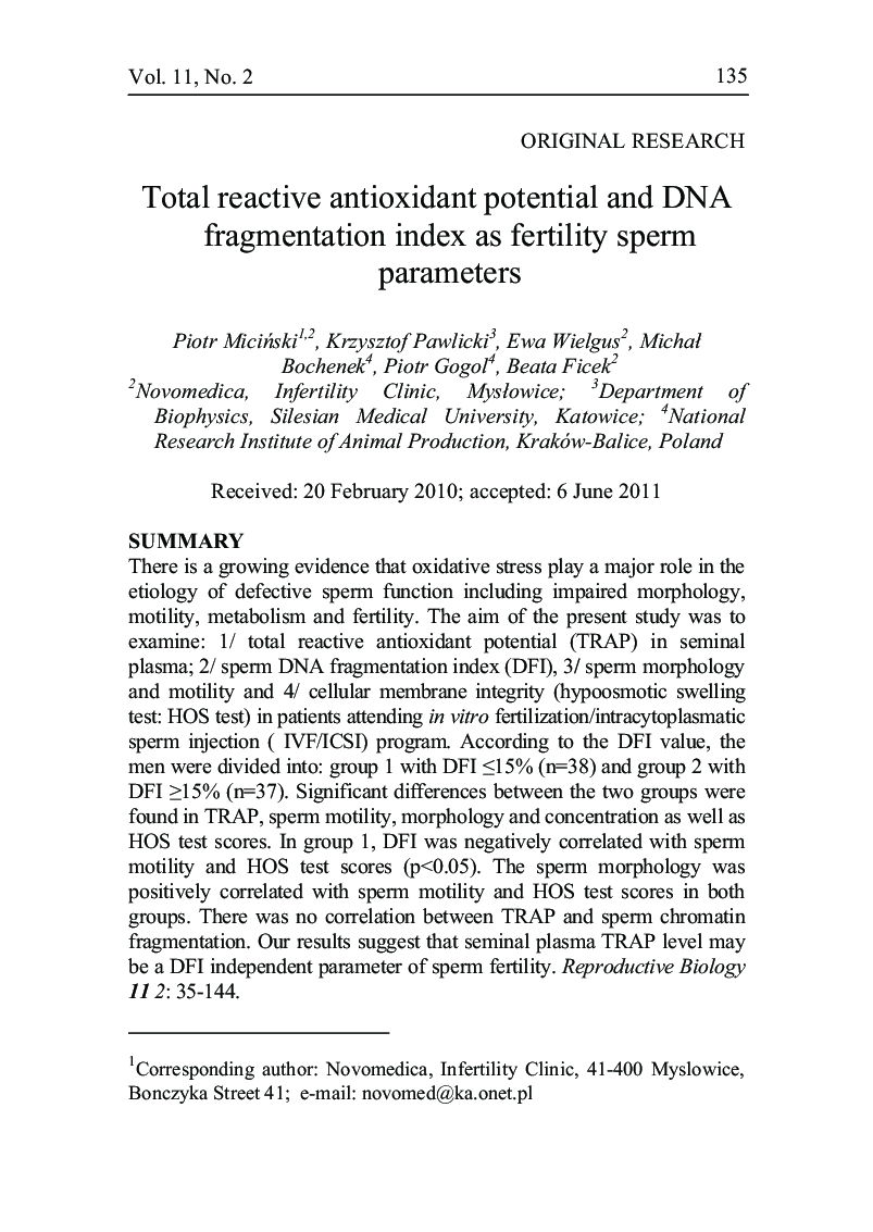 عکس صفحه اول مقاله: Total reactive antioxidant potential and DNA fragmentation index as fertility sperm parameters Total reactive antioxidant potential and DNA fragmentation index as fertility sperm parameters