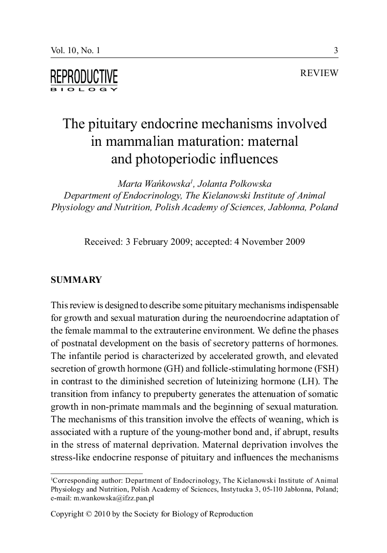 The pituitary endocrine mechanisms involved in mammalian maturation: maternal and photoperiodic influences