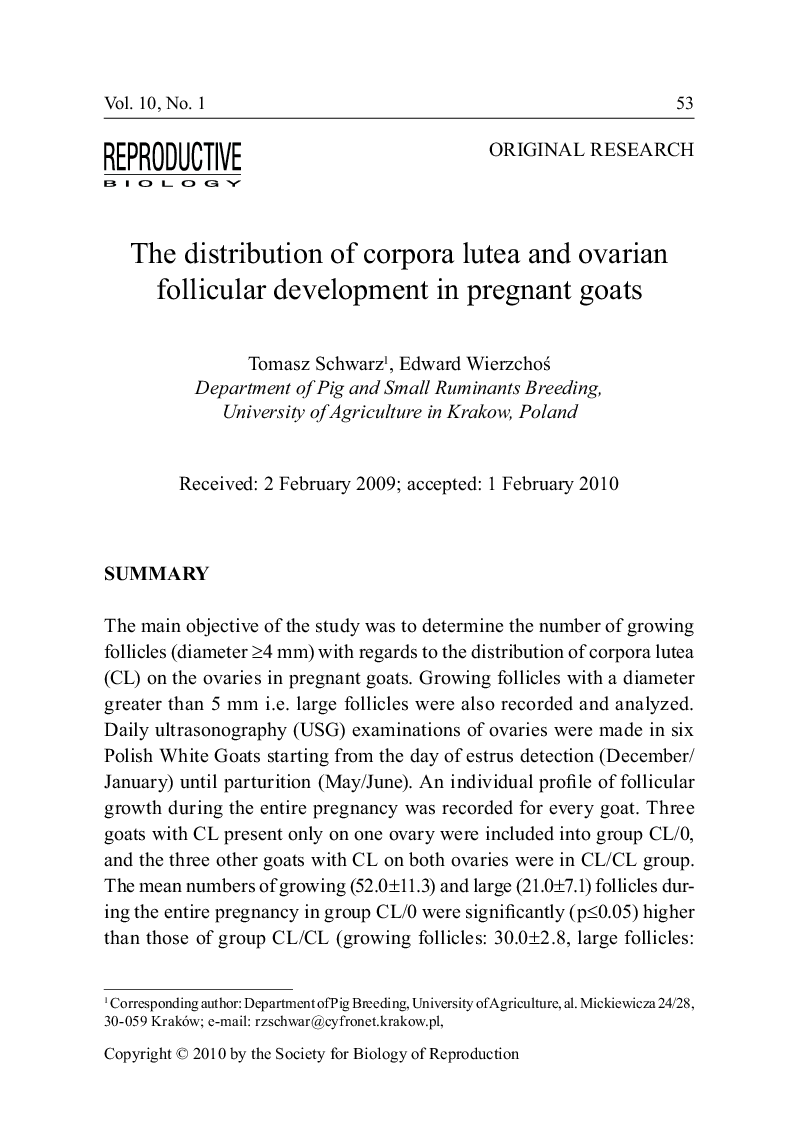 The distribution of corpora lutea and ovarian follicular development in pregnant goats