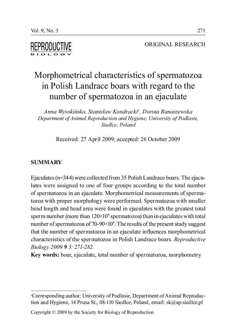 Morphometrical characteristics of spermatozoa in Polish Landrace boars with regard to the number of spermatozoa in an ejaculate