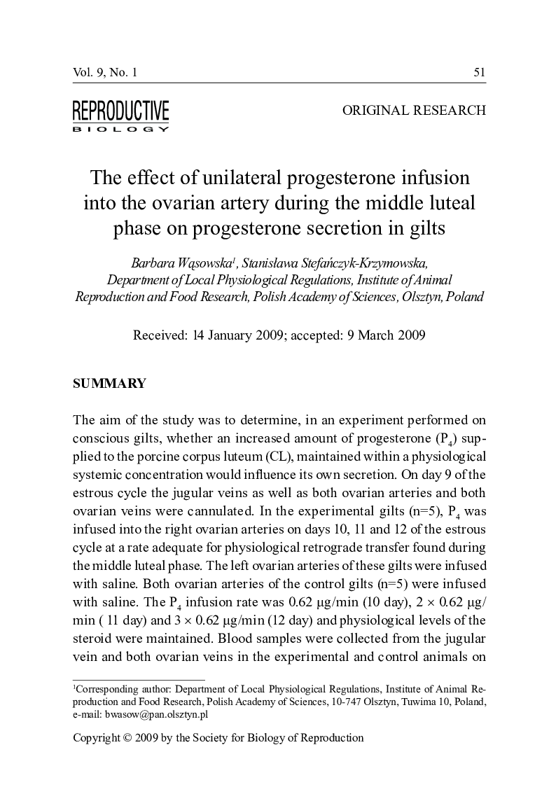 The effect of unilateral progesterone infusion into the ovarian artery during the middle luteal phase on progesterone secretion in gilts