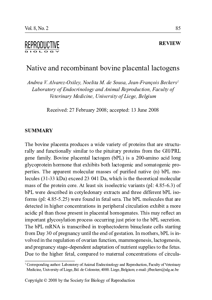 Native and recombinant bovine placental lactogens