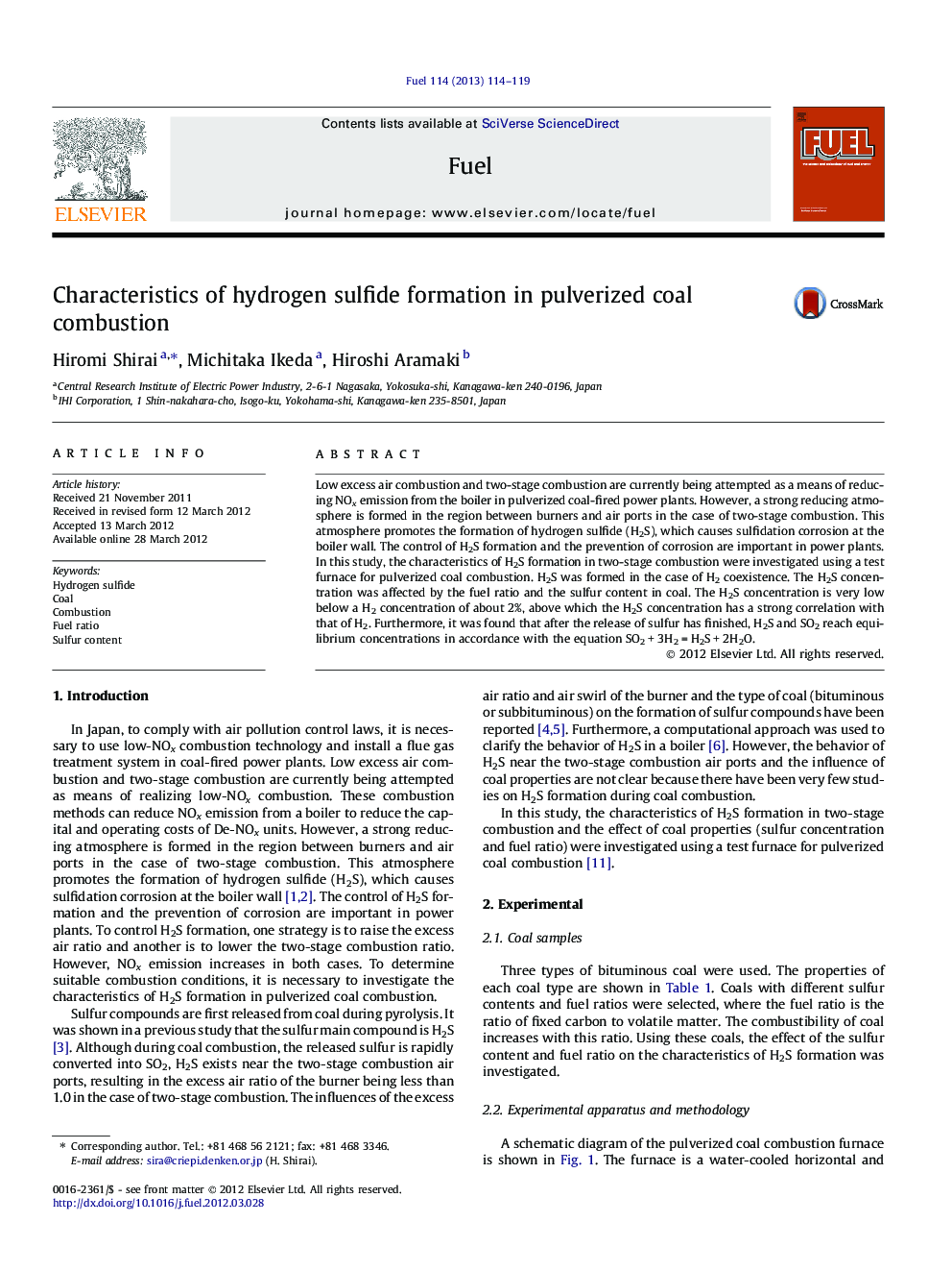 Characteristics of hydrogen sulfide formation in pulverized coal combustion