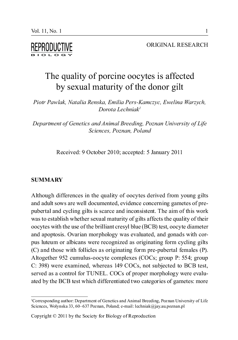 The quality of porcine oocytes is affected by sexual maturity of the donor gilt