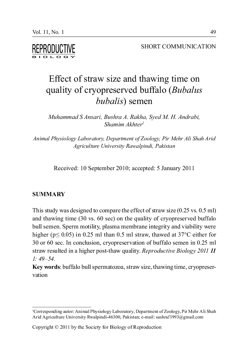 Effect of straw size and thawing time on quality of cryopreserved buffalo (Bubalus bubalis) semen
