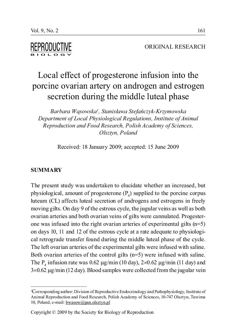 Local effect of progesterone infusion into the porcine ovarian artery on androgen and estrogen secretion during the middle luteal phase