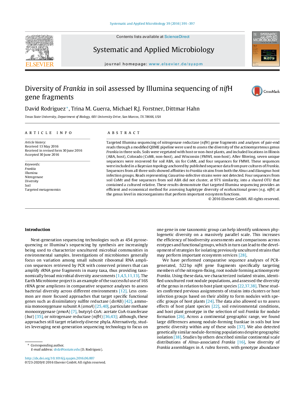 Diversity of Frankia in soil assessed by Illumina sequencing of nifH gene fragments