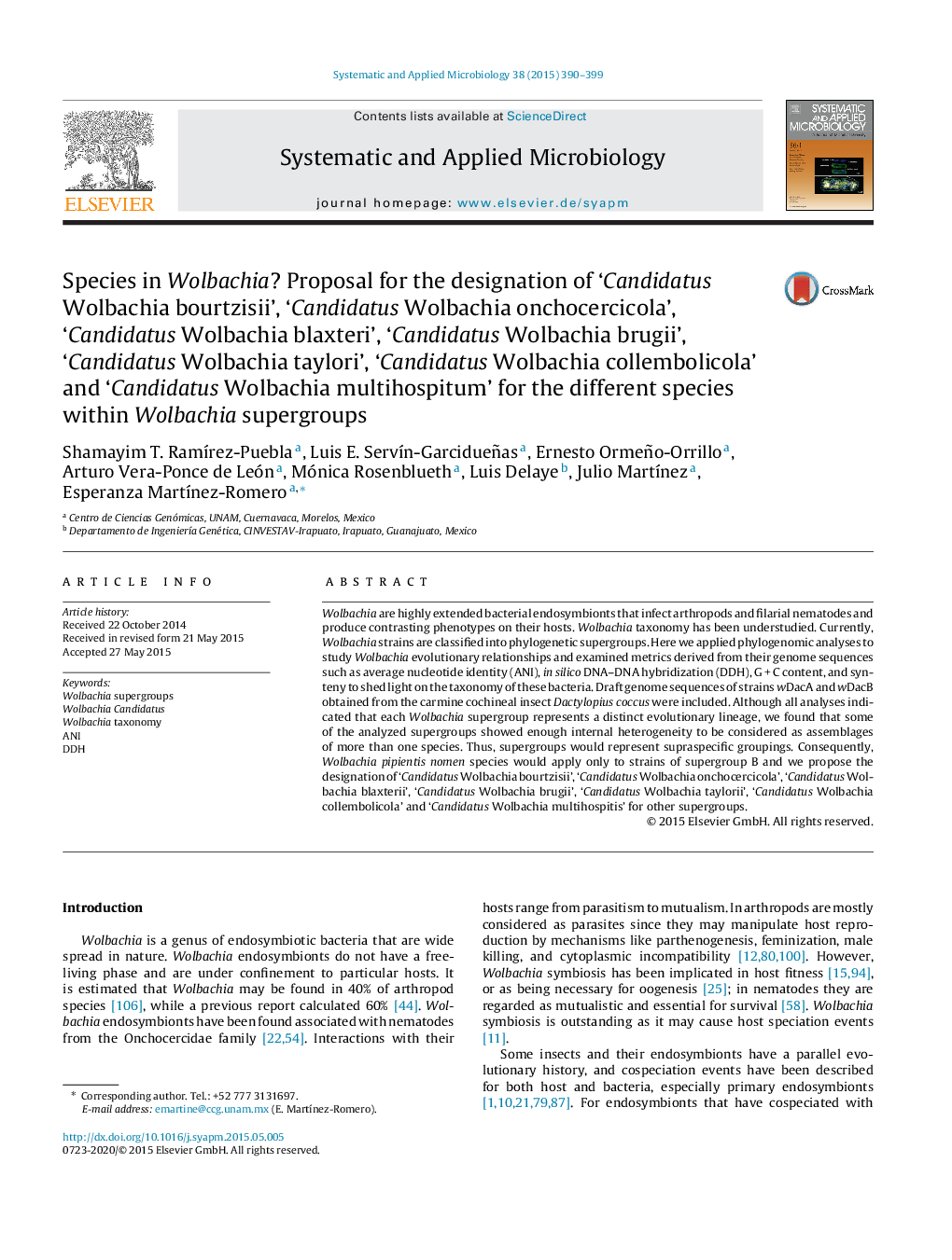 Species in Wolbachia? Proposal for the designation of ‘Candidatus Wolbachia bourtzisii’, ‘Candidatus Wolbachia onchocercicola’, ‘Candidatus Wolbachia blaxteri’, ‘Candidatus Wolbachia brugii’, ‘Candidatus Wolbachia taylori’, ‘Candidatus Wolbachia collembol