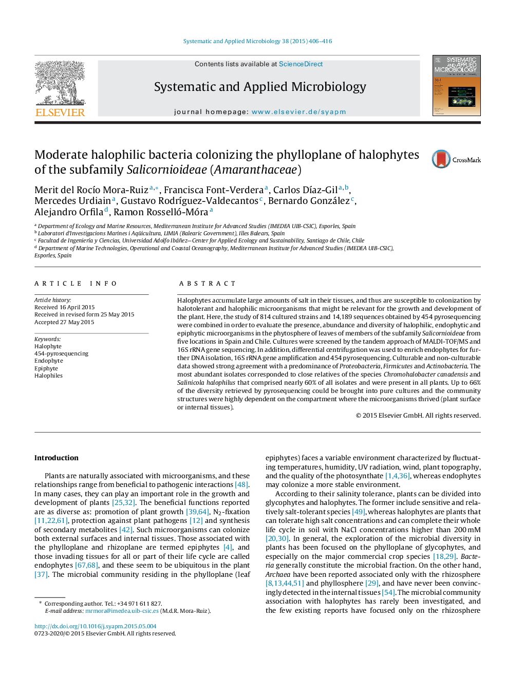 Moderate halophilic bacteria colonizing the phylloplane of halophytes of the subfamily Salicornioideae (Amaranthaceae)