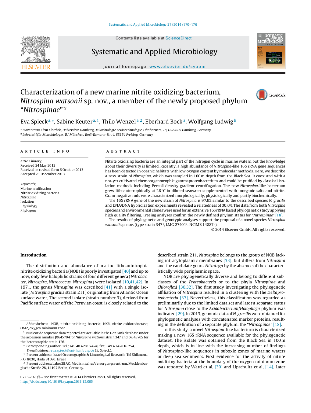 عکس صفحه اول مقاله: Characterization of a new marine nitrite oxidizing bacterium, Nitrospina watsonii sp. nov., a member of the newly proposed phylum “Nitrospinae” Characterization of a new marine nitrite oxidizing bacterium, Nitrospina watsonii sp. nov., a member of the newly proposed phylum “Nitrospinae”
