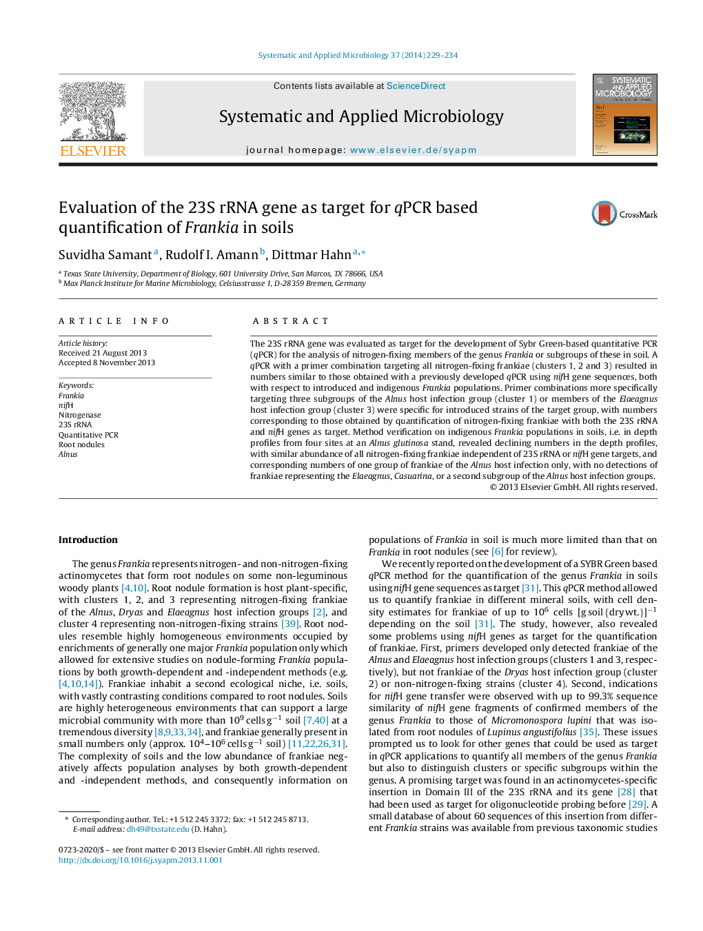 Evaluation of the 23S rRNA gene as target for qPCR based quantification of Frankia in soils