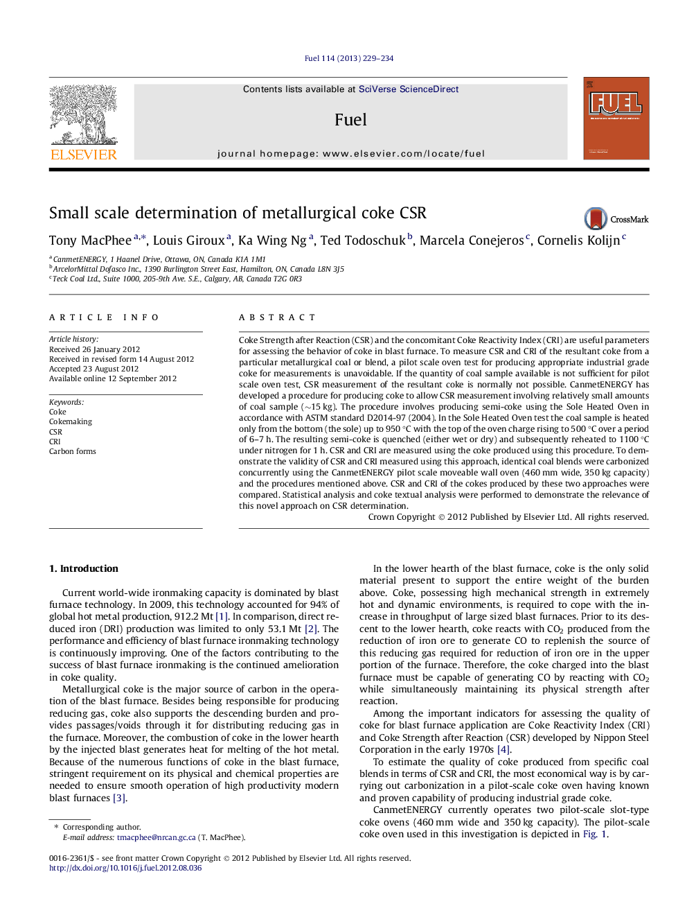 Small scale determination of metallurgical coke CSR