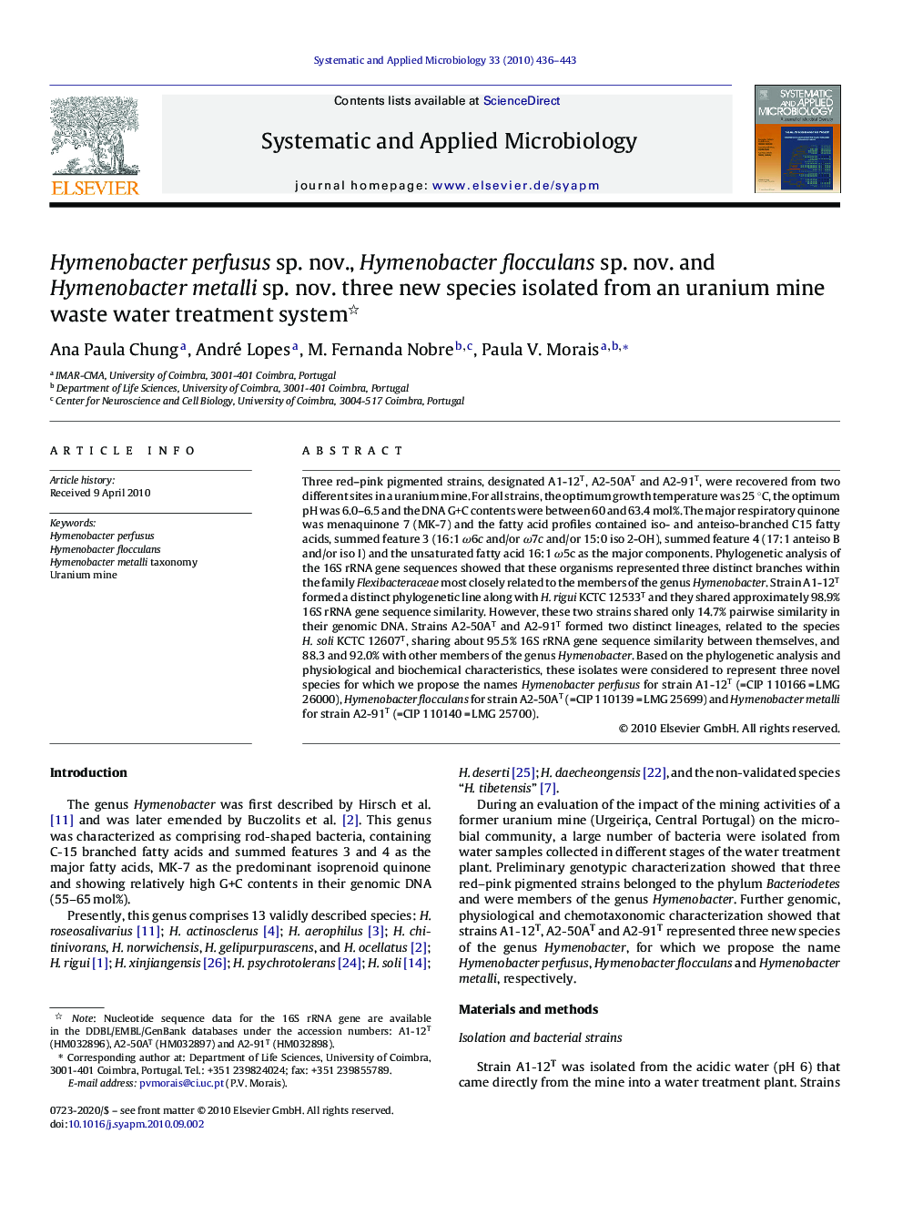 Hymenobacter perfusus sp. nov., Hymenobacter flocculans sp. nov. and Hymenobacter metalli sp. nov. three new species isolated from an uranium mine waste water treatment system 