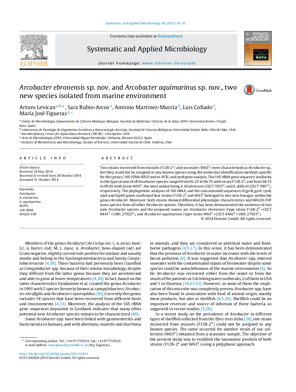 Arcobacter ebronensis sp. nov. and Arcobacter aquimarinus sp. nov., two new species isolated from marine environment