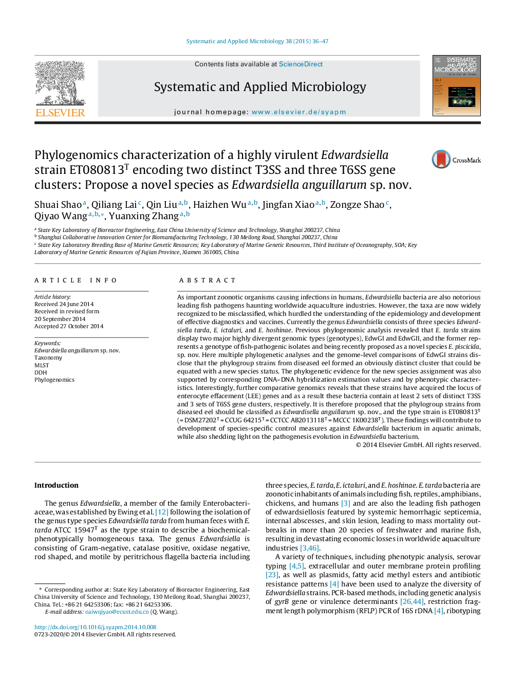 Phylogenomics characterization of a highly virulent Edwardsiella strain ET080813T encoding two distinct T3SS and three T6SS gene clusters: Propose a novel species as Edwardsiella anguillarum sp. nov.