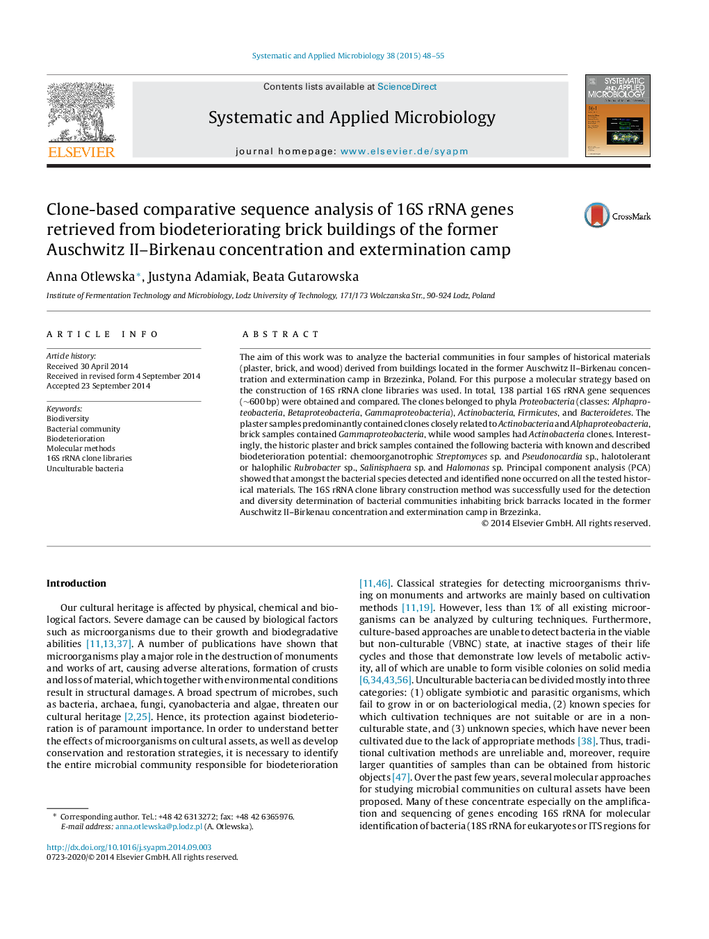 Clone-based comparative sequence analysis of 16S rRNA genes retrieved from biodeteriorating brick buildings of the former Auschwitz II–Birkenau concentration and extermination camp