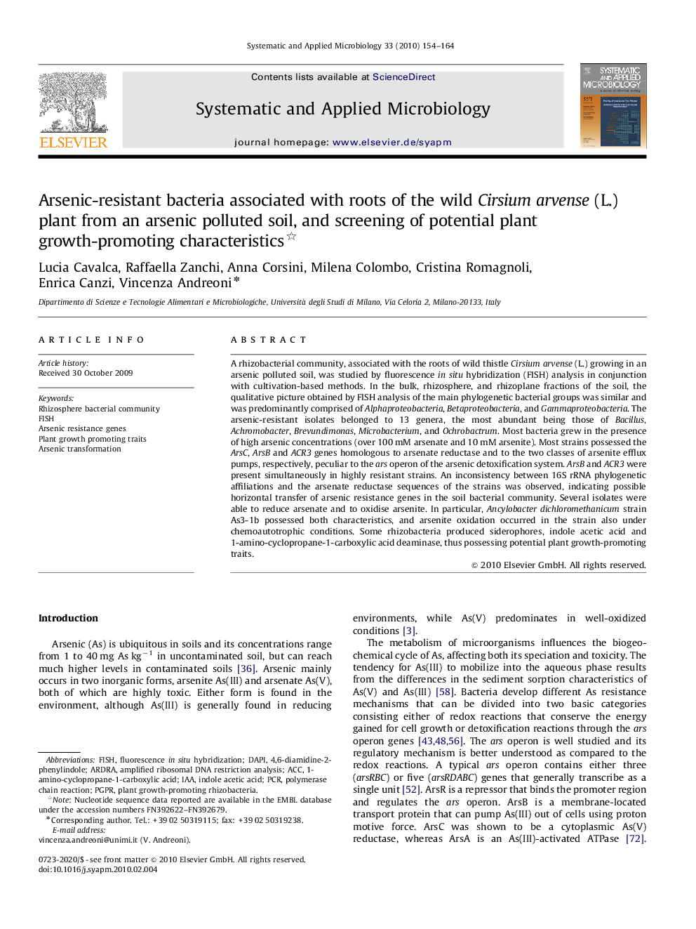 Arsenic-resistant bacteria associated with roots of the wild Cirsium arvense (L.) plant from an arsenic polluted soil, and screening of potential plant growth-promoting characteristics 