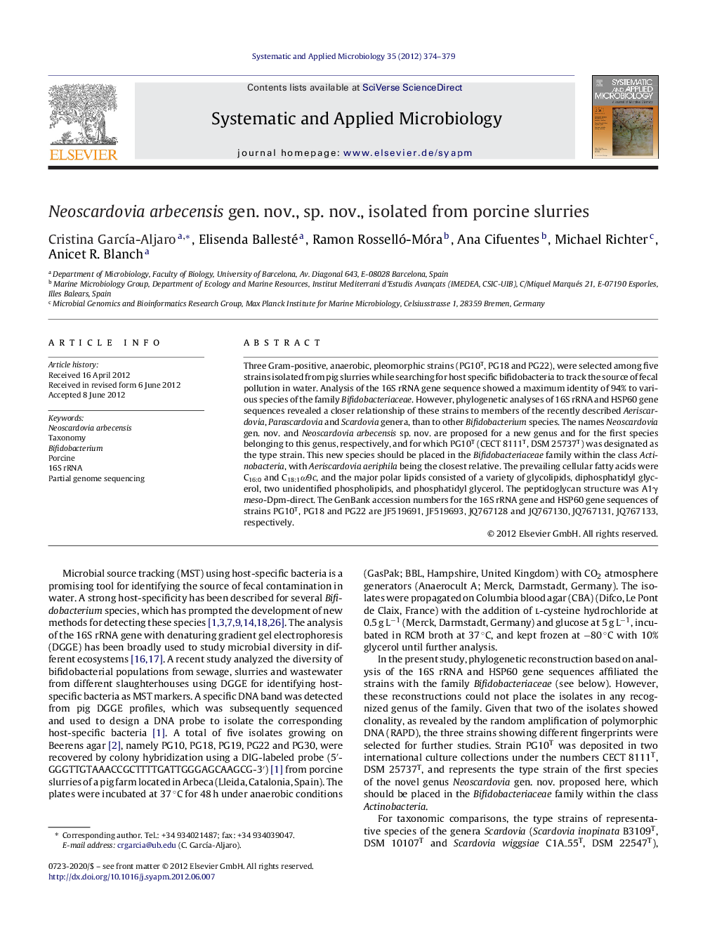 Neoscardovia arbecensis gen. nov., sp. nov., isolated from porcine slurries