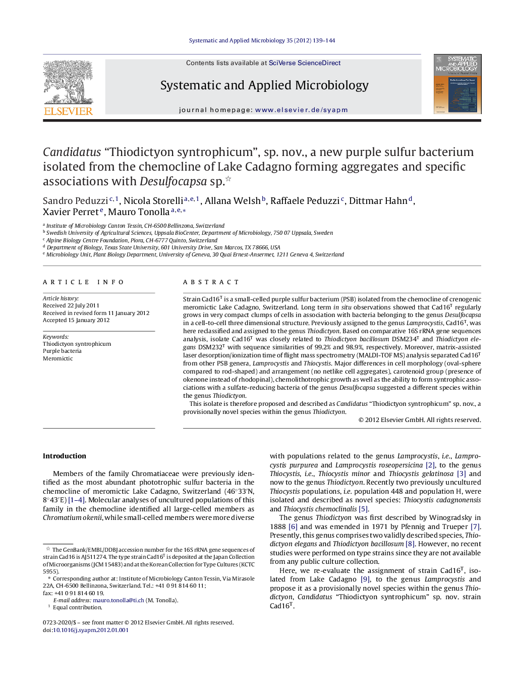 Candidatus “Thiodictyon syntrophicum”, sp. nov., a new purple sulfur bacterium isolated from the chemocline of Lake Cadagno forming aggregates and specific associations with Desulfocapsa sp. 