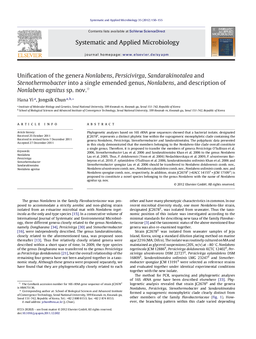 Unification of the genera Nonlabens, Persicivirga, Sandarakinotalea and Stenothermobacter into a single emended genus, Nonlabens, and description of Nonlabens agnitus sp. nov. 