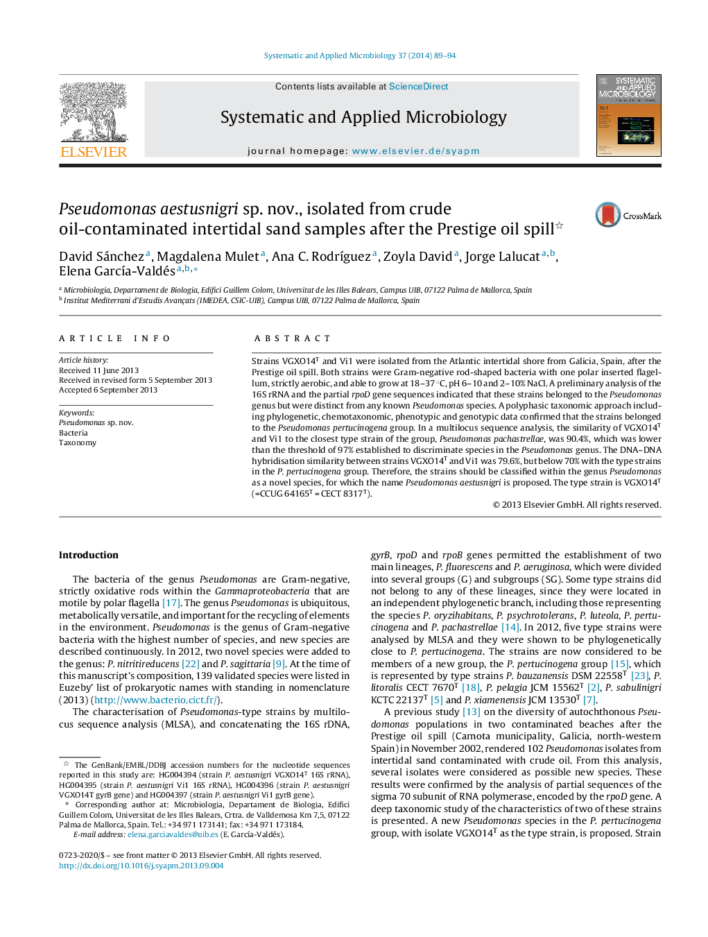 Pseudomonas aestusnigri sp. nov., isolated from crude oil-contaminated intertidal sand samples after the Prestige oil spill 