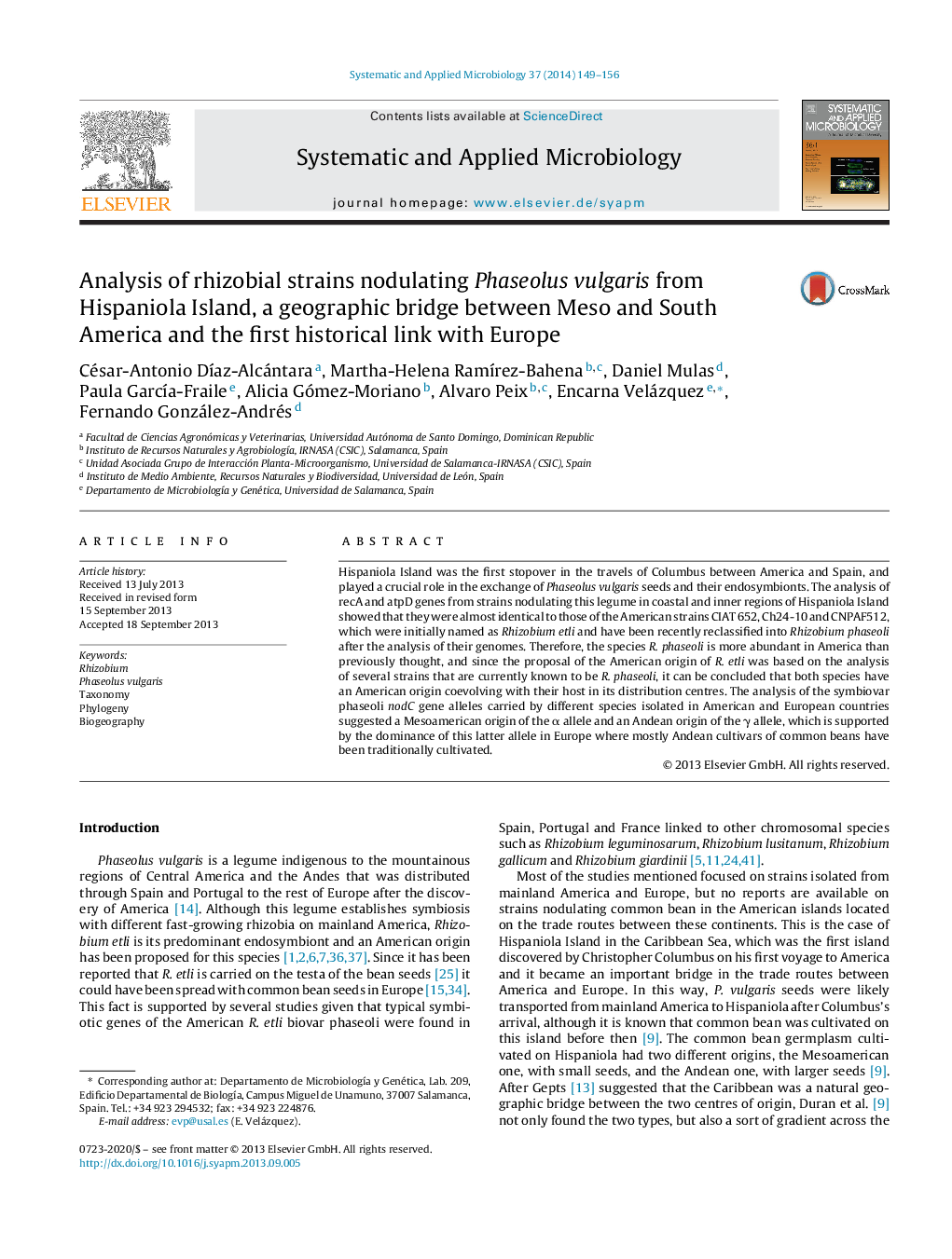 Analysis of rhizobial strains nodulating Phaseolus vulgaris from Hispaniola Island, a geographic bridge between Meso and South America and the first historical link with Europe