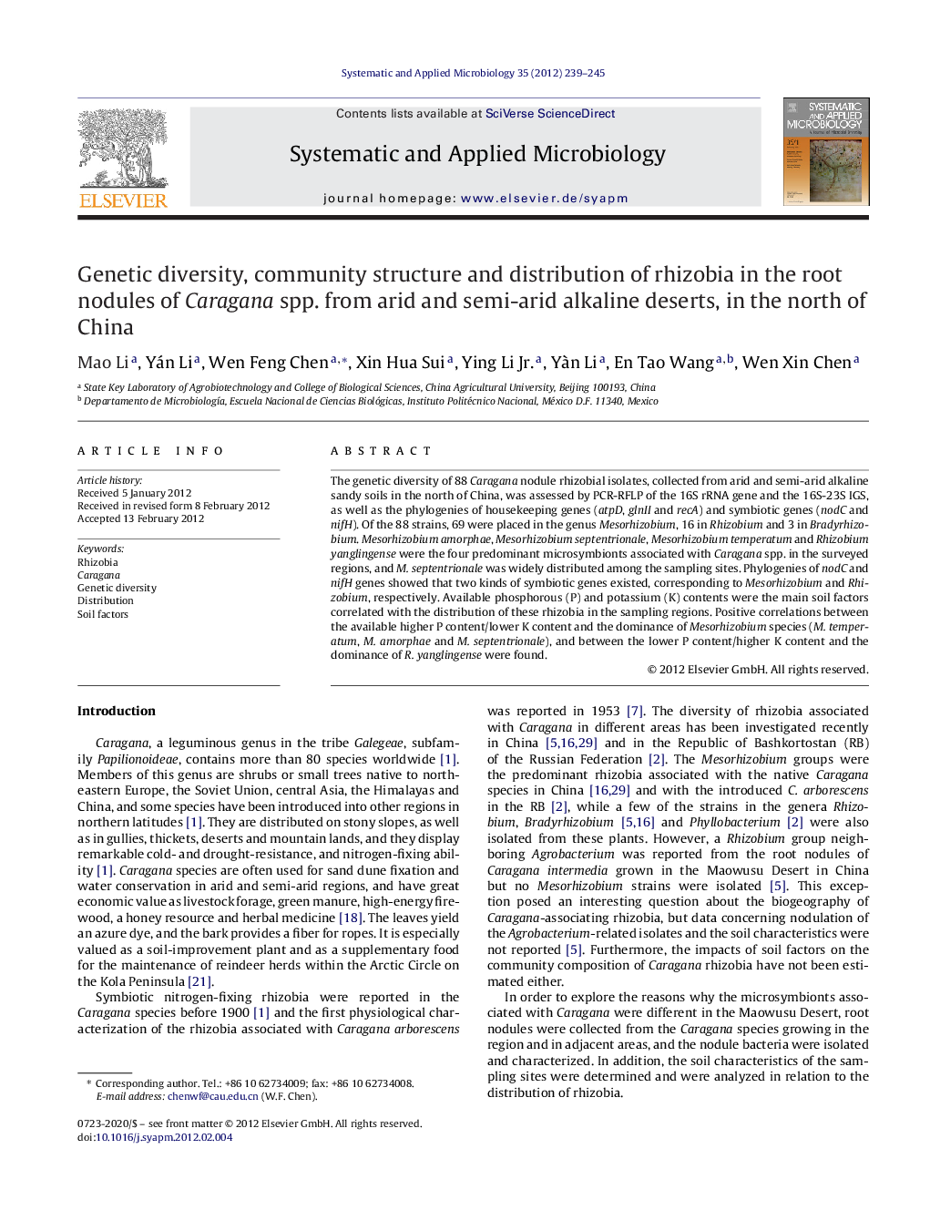 Genetic diversity, community structure and distribution of rhizobia in the root nodules of Caragana spp. from arid and semi-arid alkaline deserts, in the north of China