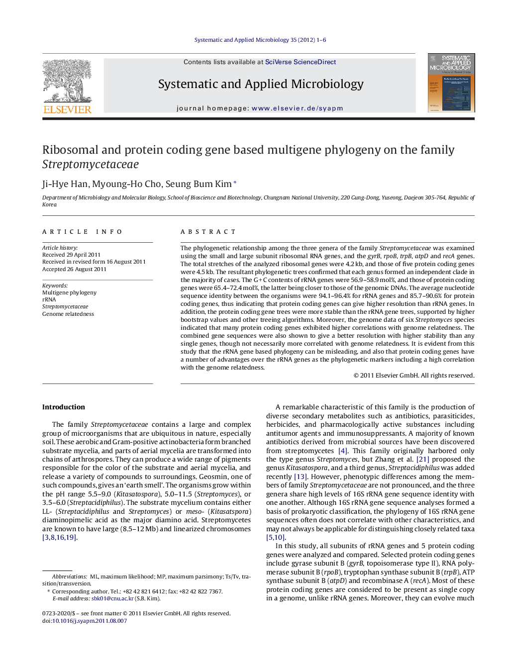 Ribosomal and protein coding gene based multigene phylogeny on the family Streptomycetaceae