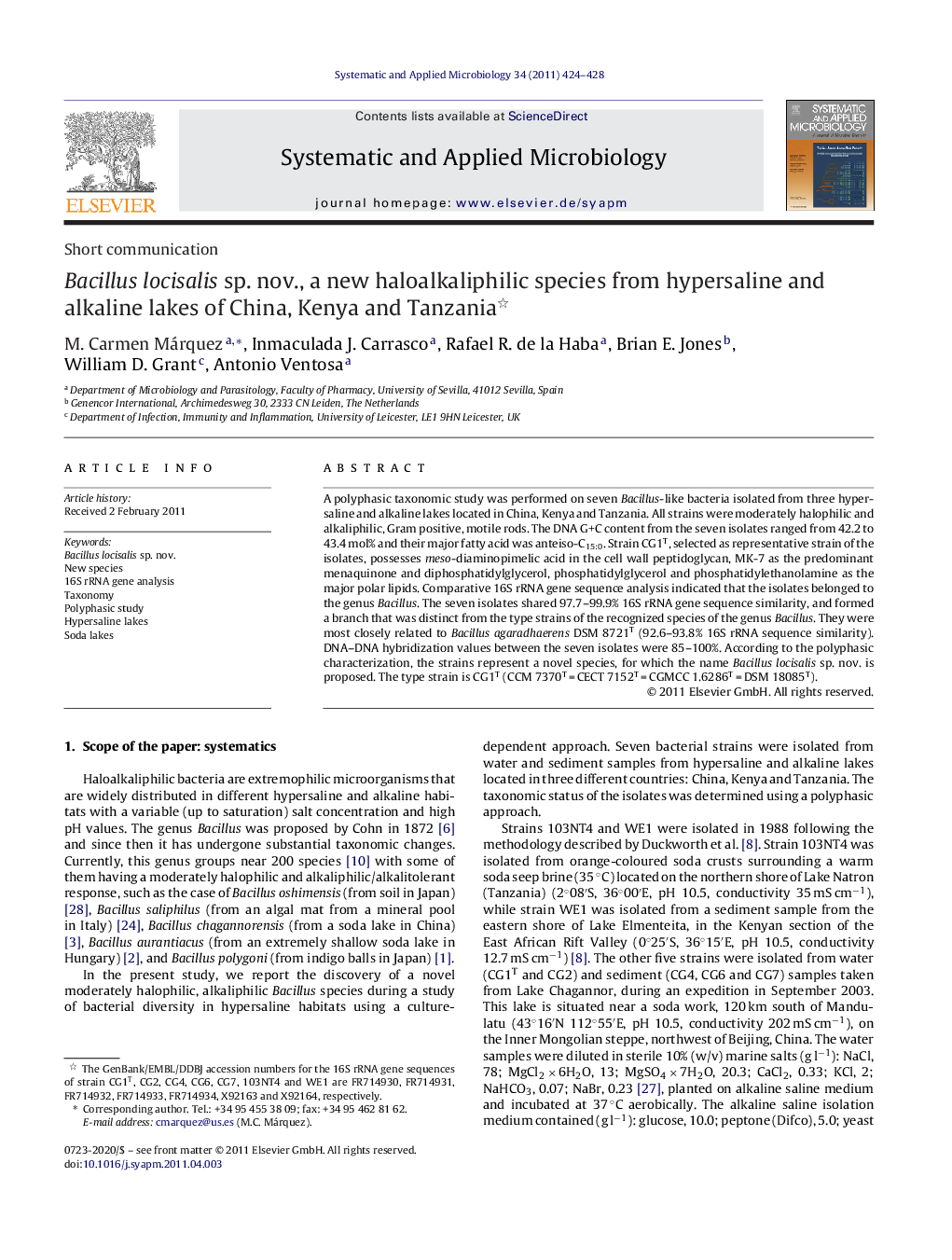 Bacillus locisalis sp. nov., a new haloalkaliphilic species from hypersaline and alkaline lakes of China, Kenya and Tanzania 