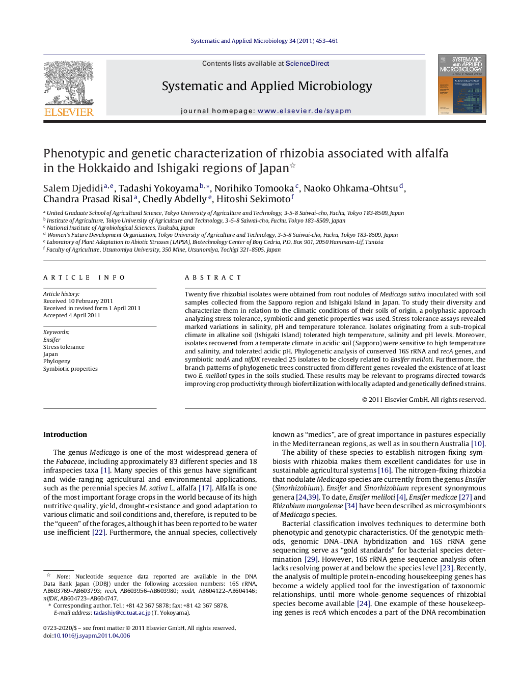 Phenotypic and genetic characterization of rhizobia associated with alfalfa in the Hokkaido and Ishigaki regions of Japan 