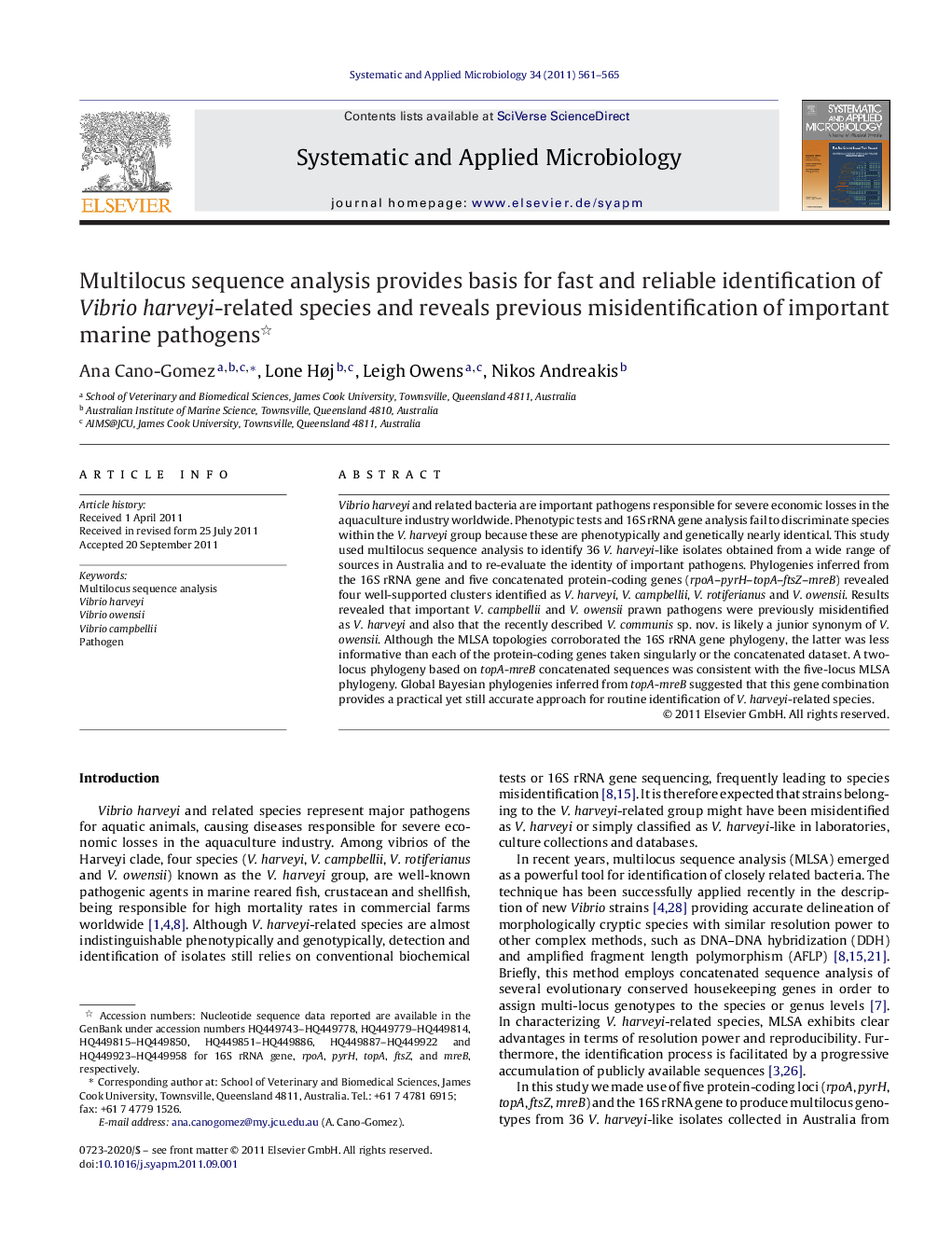 Multilocus sequence analysis provides basis for fast and reliable identification of Vibrio harveyi-related species and reveals previous misidentification of important marine pathogens 