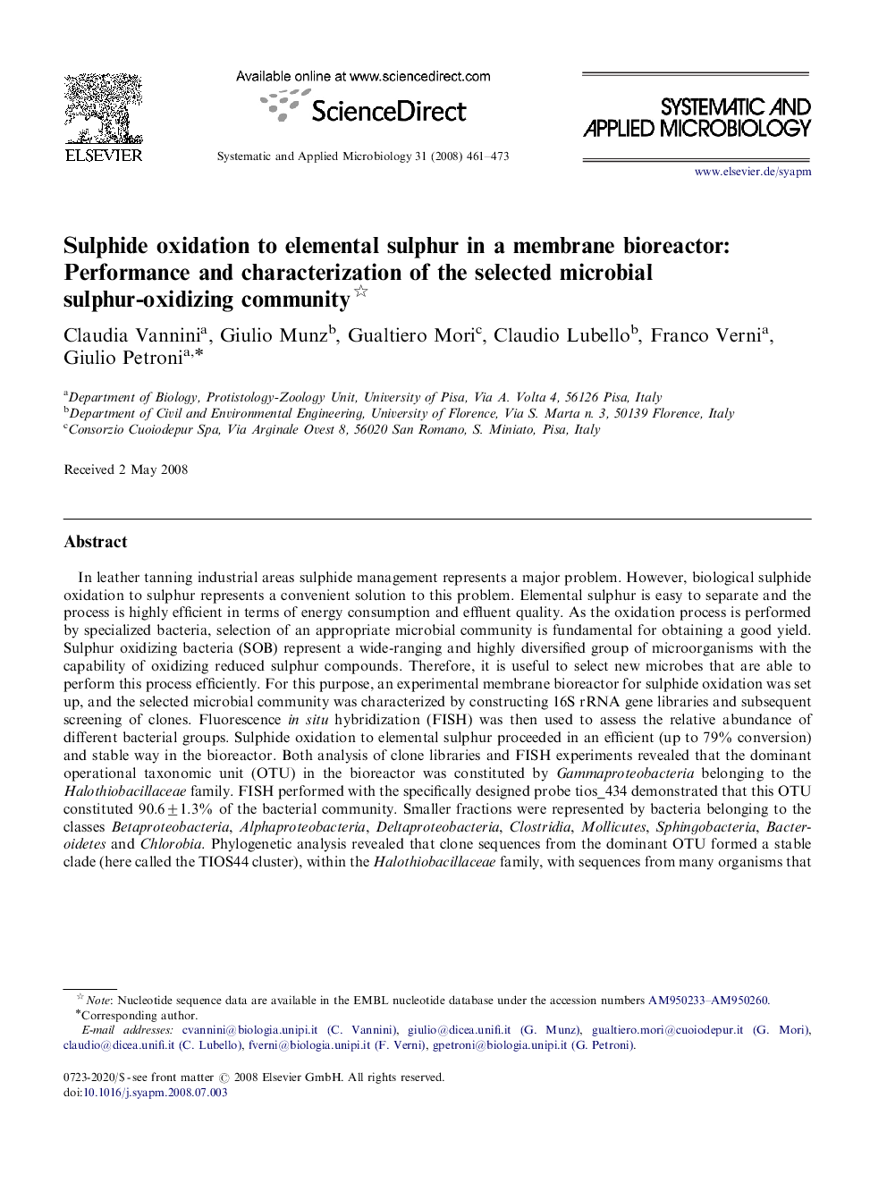 Sulphide oxidation to elemental sulphur in a membrane bioreactor: Performance and characterization of the selected microbial sulphur-oxidizing community 