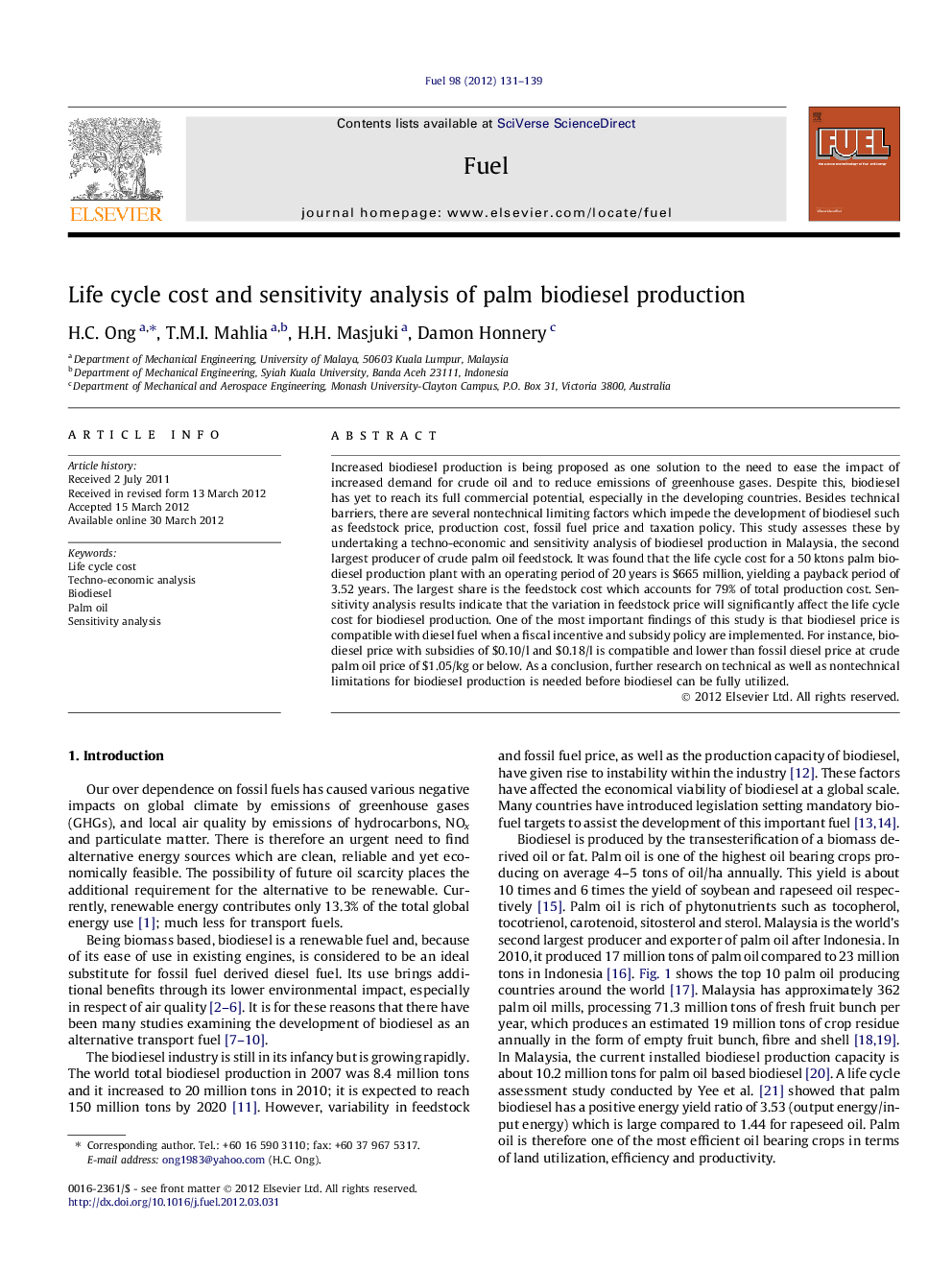 Life cycle cost and sensitivity analysis of palm biodiesel production