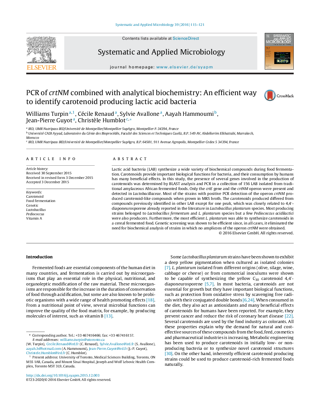 PCR of crtNM combined with analytical biochemistry: An efficient way to identify carotenoid producing lactic acid bacteria