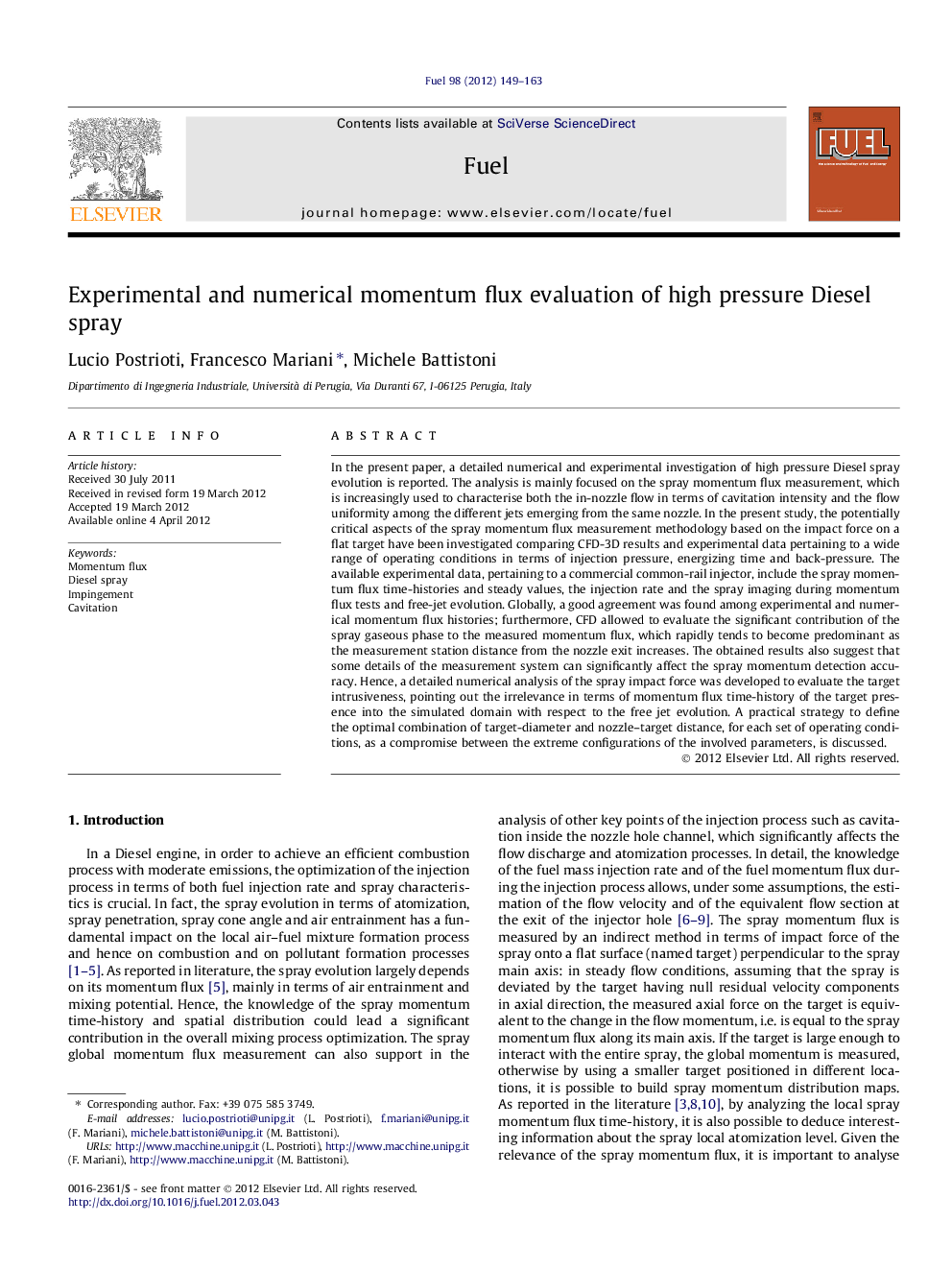 Experimental and numerical momentum flux evaluation of high pressure Diesel spray