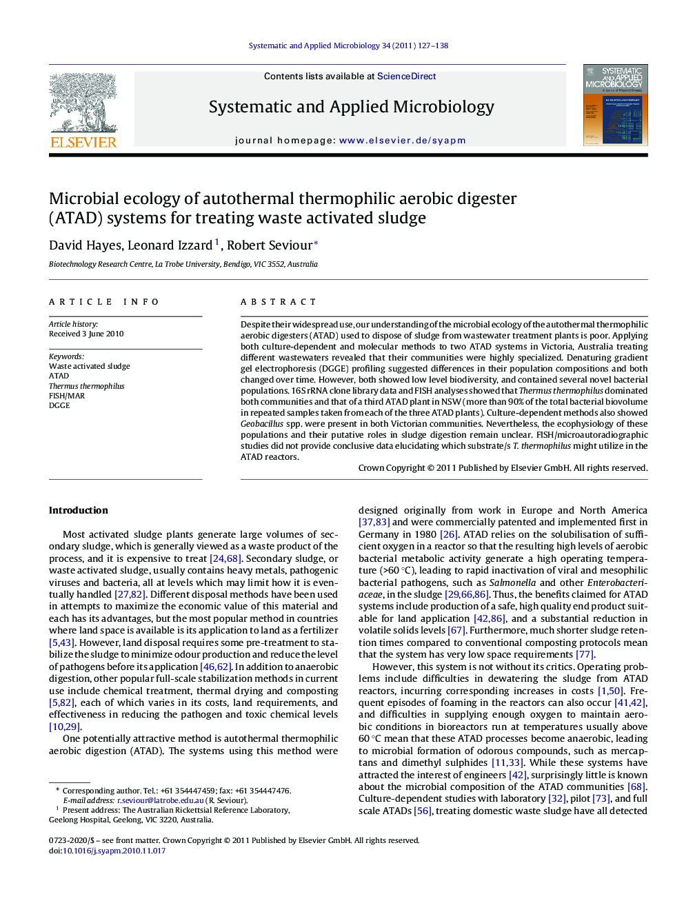 Microbial ecology of autothermal thermophilic aerobic digester (ATAD) systems for treating waste activated sludge