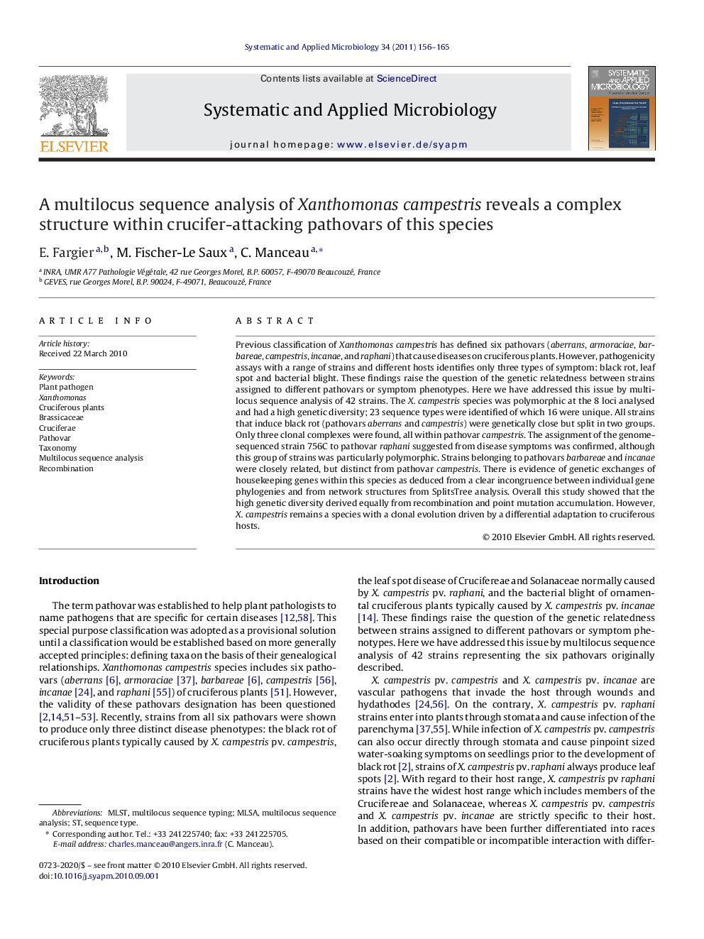 A multilocus sequence analysis of Xanthomonas campestris reveals a complex structure within crucifer-attacking pathovars of this species